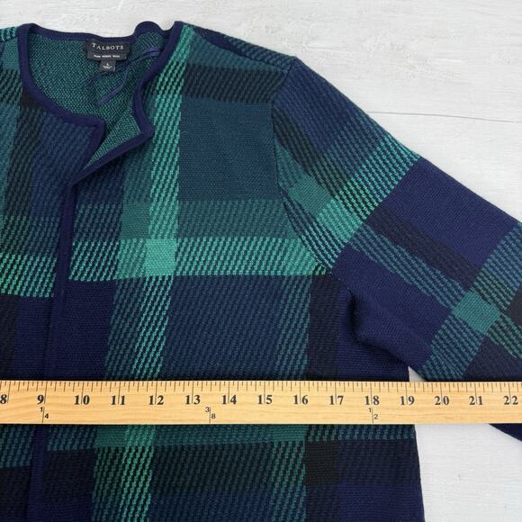 Talbots Pure Merino Wool Cardigan Large Green Tartan Plaid Preppy Open Front - Picture 11 of 15